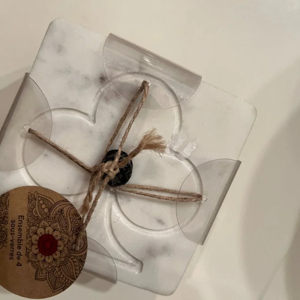 White Marble Coasters Set of 4 with Holder Gift‎ Ready New